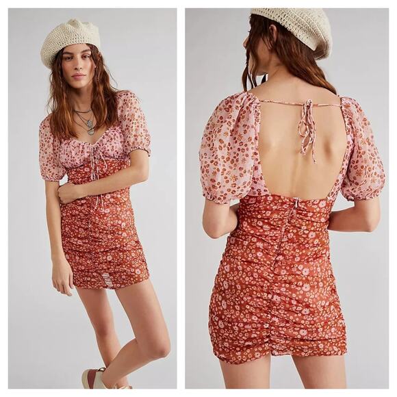 [Free People] Tessa Floral Puff Sleeve Ruched Open Back Mini Dress Size Large L - Picture 1 of 11